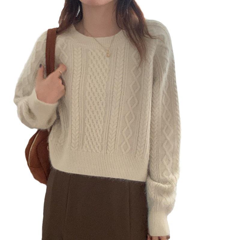 Vintage sweet pullover sweater women's twist mohair thickened lazy short knitted sweater top autumn