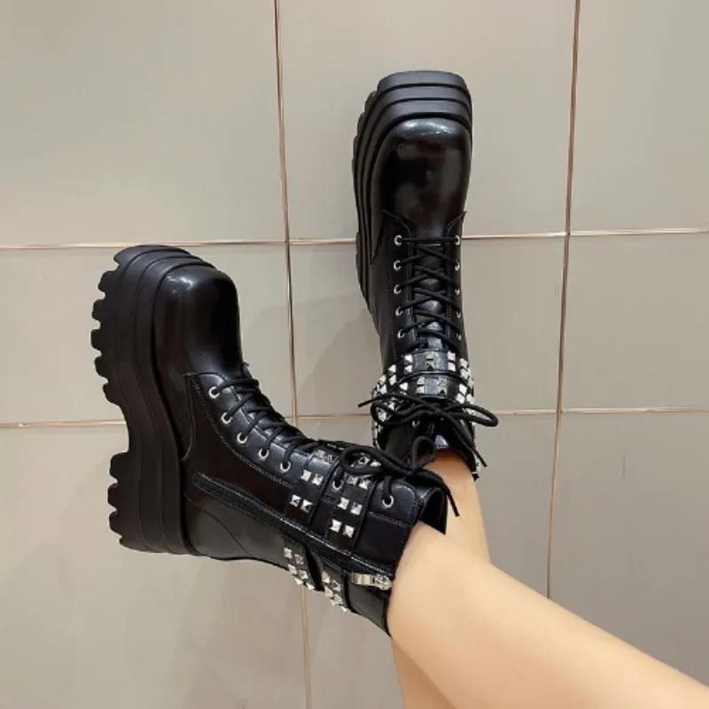Fashion 9CM High Platform Warm Ankle Boots Women Autumn Winter Non Slip Combat Punk Fur Shoes Woman Buckle Leather Motorcycle Boots 2024