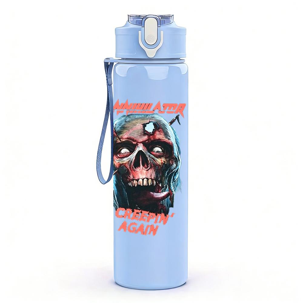 1PC Retro red masked figure band print 750ml colorful plastic sports water bottle leakproof pop up lid with straw for outdoor work home use