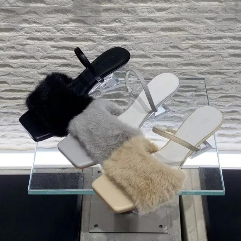 Fashion New Plus-size Fluffy Slippers To Wear Outside Baotou 2025 Fashion High Heels