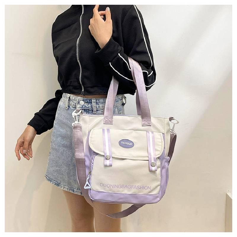 Chic Street Style Women's Canvas Bag 2024 New Colorblock Large Shoulder Bag
