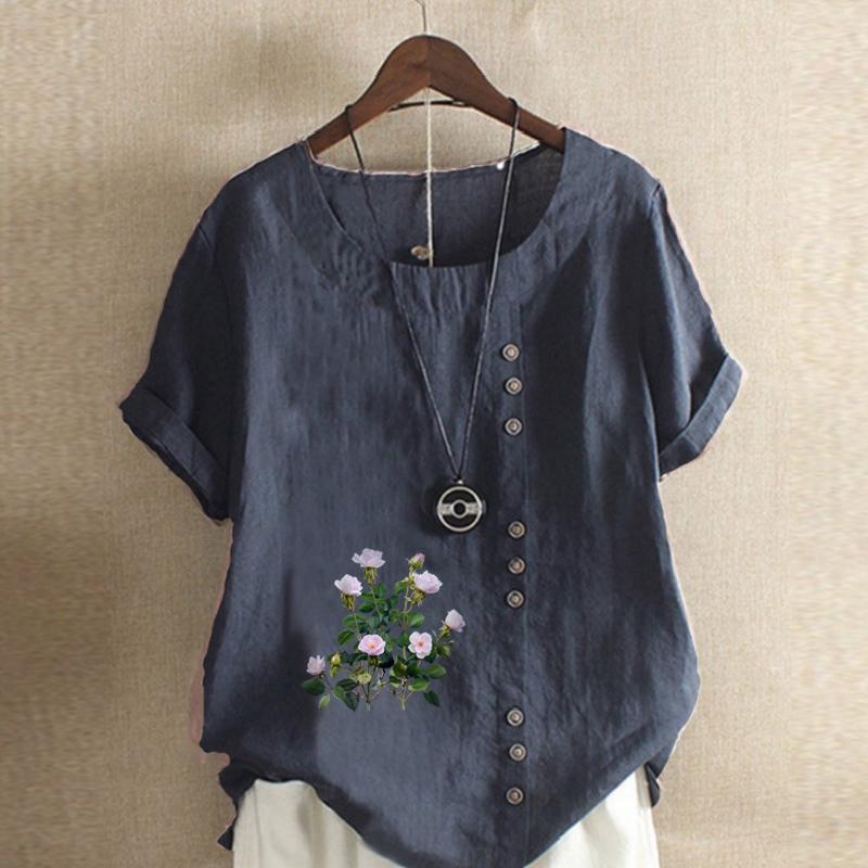 Women's Fashion Flower Prined Round Neck Short Sleeve T-shirt Casual Cotton Linen Graphic Shirt Leisure Loose Summer Blouse Tops
