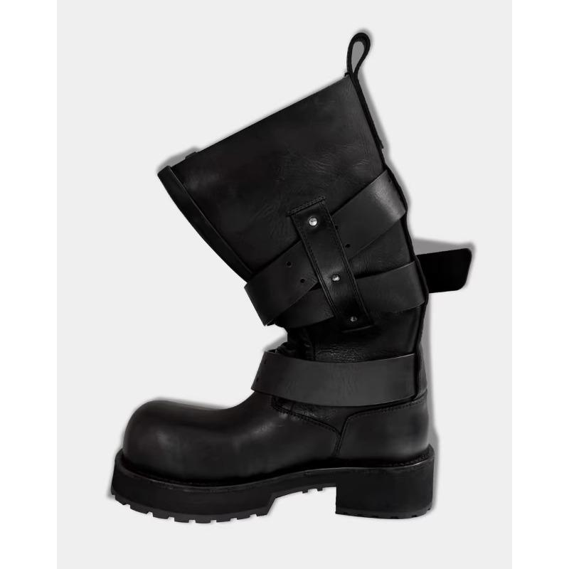 Bajia Retro Belt Buckle Venom Boots Summer New Bundle Mouth Big Tube Circumference Thick Bottom Heightening Punk Locomotive Boots