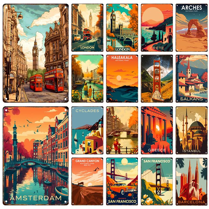 Hisun Tin Sign Vintage World Famous City Landscape Metal Tin Sign Set Retro Travel Poster Wall Art Decor for London Amsterdam Istanbul Home Liv
