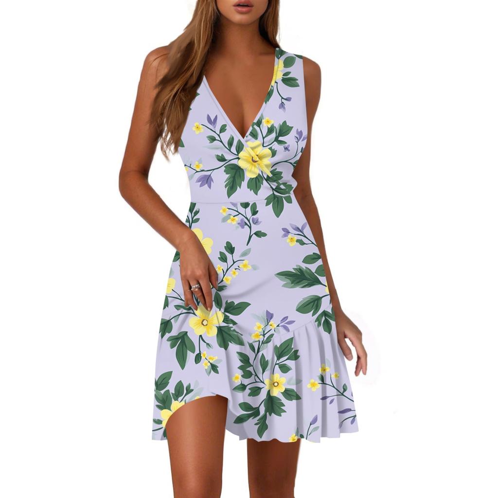 Ladies Casual Fashion V-Neck Sleeveless  Print Dress