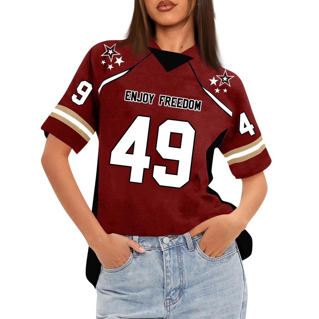 Women's Oversized Short Sleeve Mesh Football Jerseys Shirt V Neck Graphic Top Tee