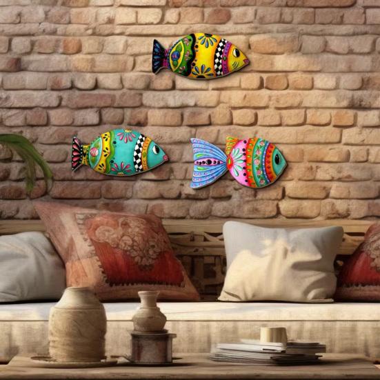 3 Stück Holzfisch Strand Wanddeko Nautisch Küsten Tropical Fish Wandkunst Bunt Bedruckte Meeresbewohner Hängende Ornamente für Seehaus Schlafzimmer