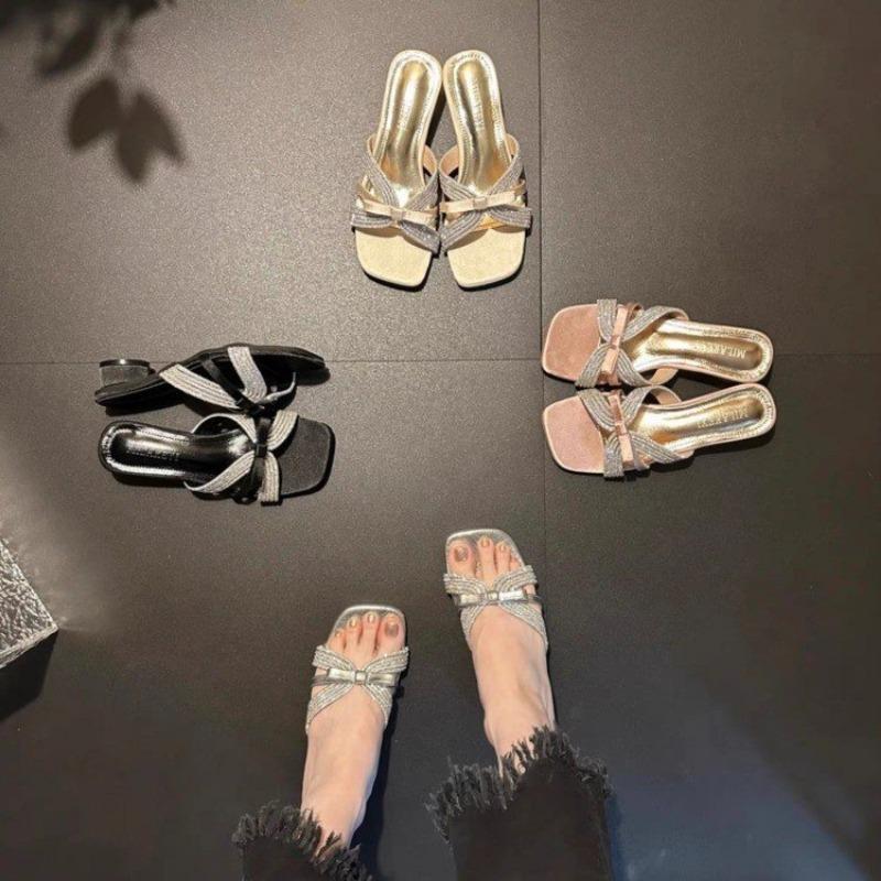 Slippers Women's Summer New Rhinestone Bow Thick Heel Sandals Square Head Open-toed Versatile Fashion High Heels