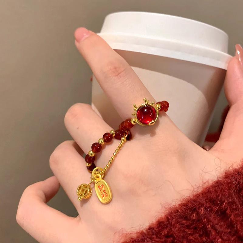 Elegant Adjustable Copper Ring Featuring Rich Red Agate For Prosperity And Good Fortune