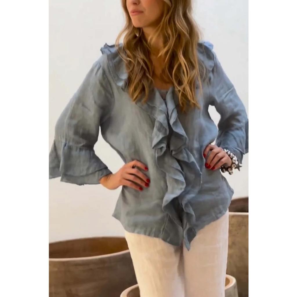 European American Style Leisure Autumn Solid Color V-neck Flutter Sleeve Ruffled Trim Multi-button Cardigan Open Top with Curved Hem