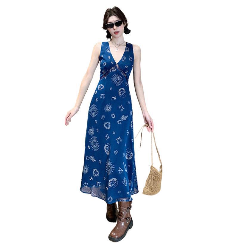 Elegant Retro V-Neck A-Line Summer Dress - Slim Waist, Beach Style