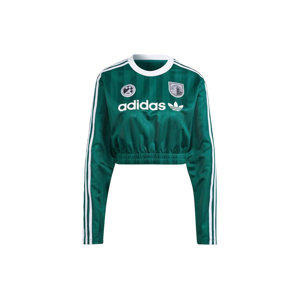 Adidas Originals Trefoil Long Sleeve Crop Tee Letter Logo Print Stripe Spliced Sports Women Tops Forest-Green IR9803