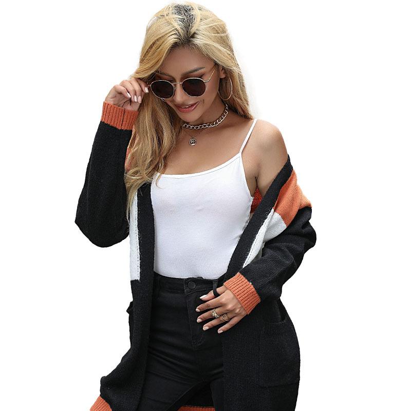 Fashion Casual Tops Shirts Clothing Vintage Fashion Elegant Casual Autumn and Winter Women's Long-sleeved Colorblocking Sweater Cardigan Long Section