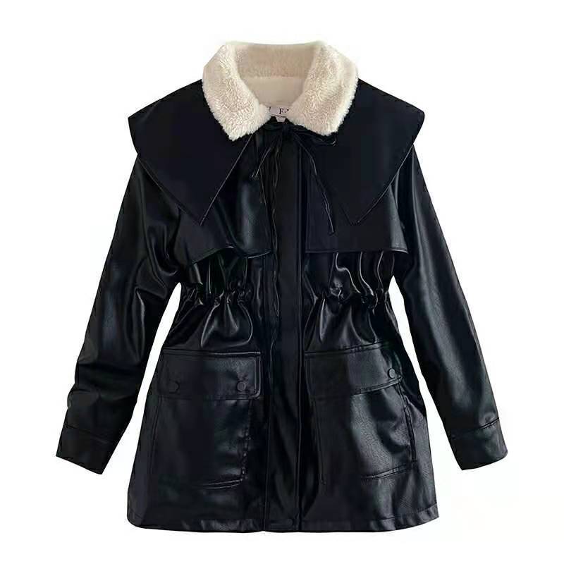 

Флисовая кожаная куртка женская зимняя утолщенная новая теплая куртка из искусственного кроличьего бархата ретро стиль Гонконг черная локомотивная кожаная куртка L recommends 110-62.5kg