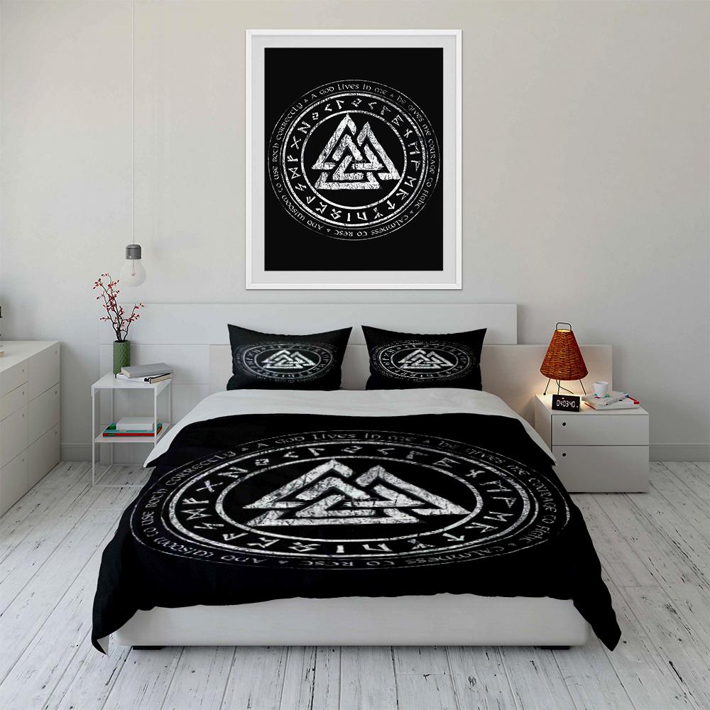 Viking Valknut Rune Bedding Set Black Bedding Set (1 Duvet Cover, 2 Pillowcases, Duvet Not Included)