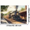 Retro-Bahnhofskulisse, Dampflokomotive, realistische Eisenbahnschienen und Ziegelbahnsteig, Polyester