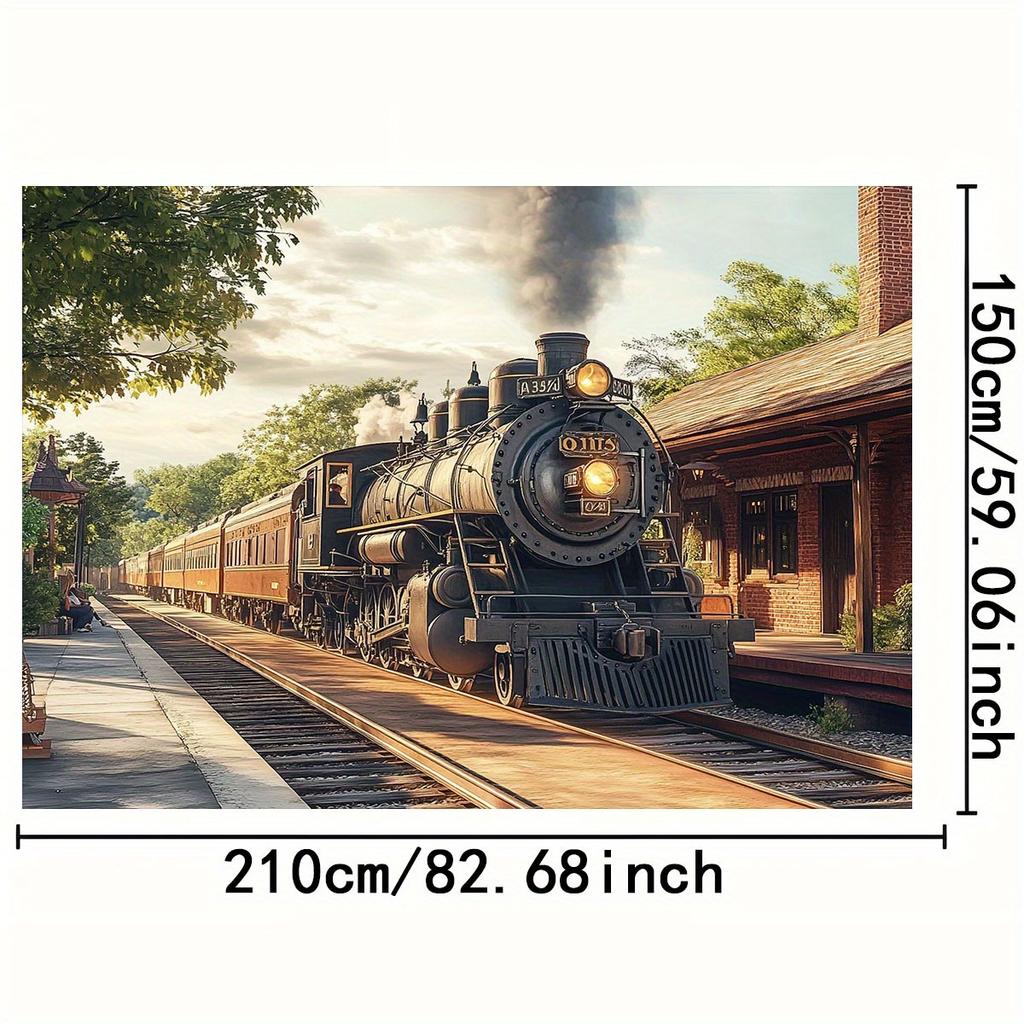 Retro-Bahnhofskulisse, Dampflokomotive, realistische Eisenbahnschienen und Ziegelbahnsteig, Polyester