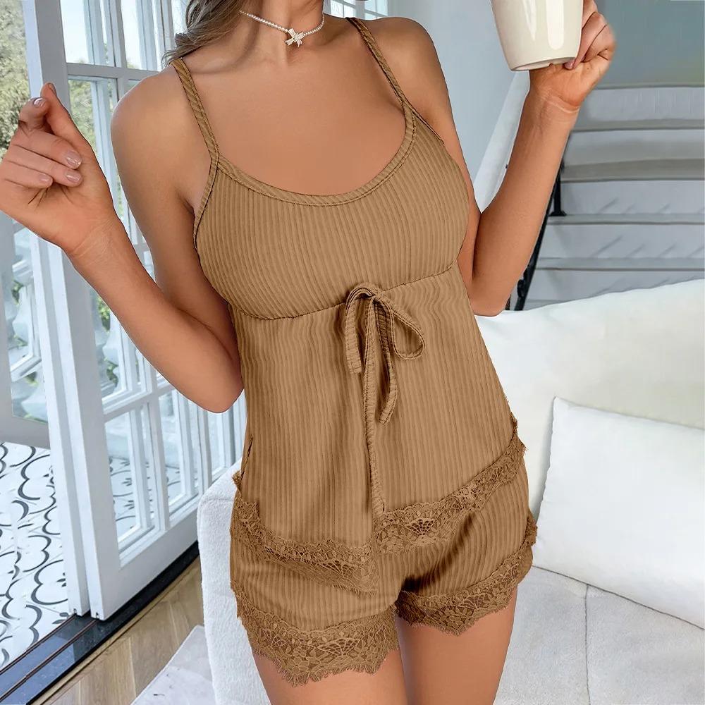 Frauen Sexy Sling Pyjama Set Spitze Strapsoberteil + Elastische Taille Shorts Weibliche Freizeit Stil Zu Hause Kleidung Anzug Nachthemd Anzüge