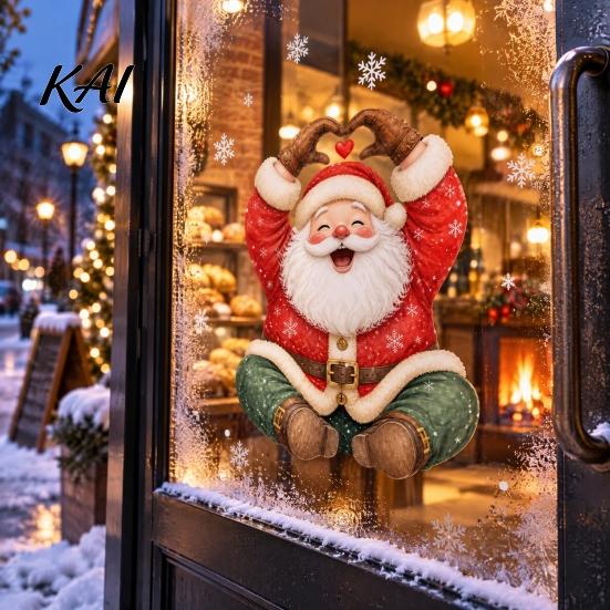 No Glue Window Adhesives Christmas Heart Gesture Santa Claus Clings, Decorative PVC Static Glass Festive Home Ornaments Sticker, Removable Decals for
