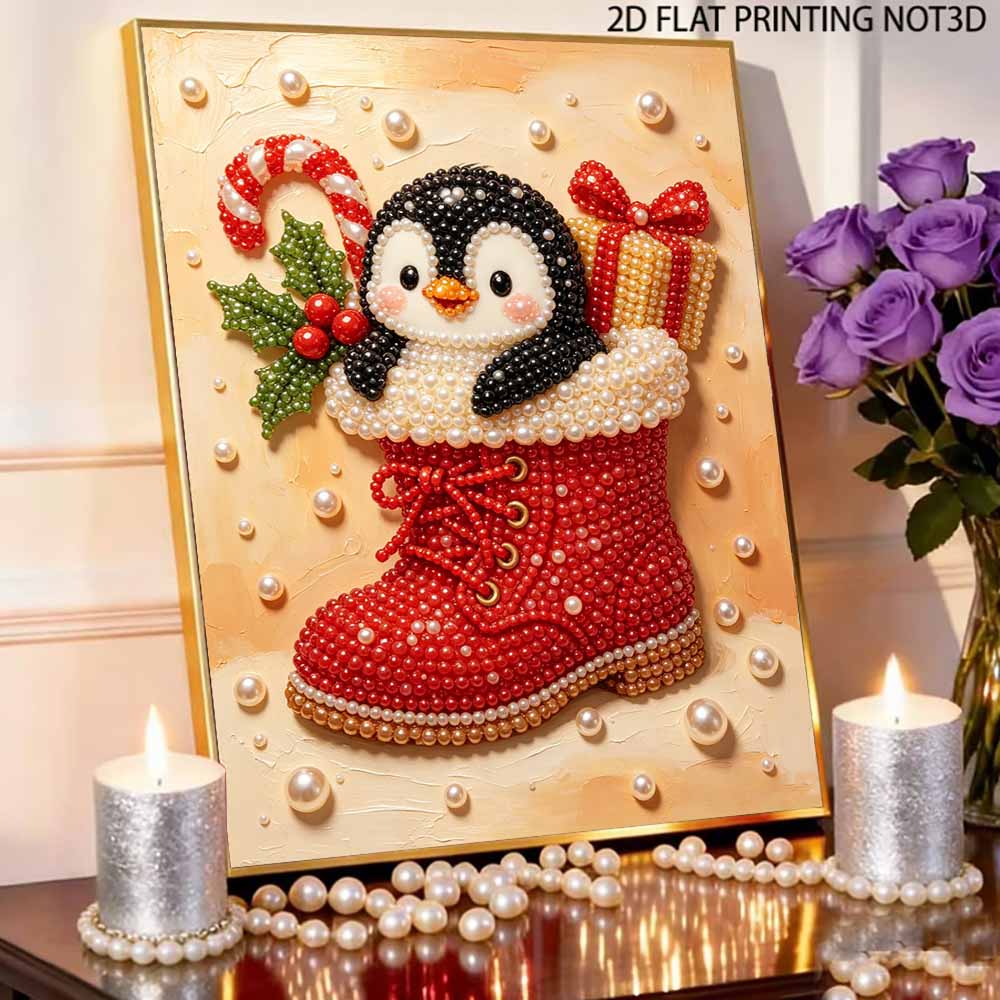 DIY Pearl Bead Painting Kit Cute Penguin Christmas Stress Relief Craft Frameless 3D Canvas Art for Adults Home Decoration Gift