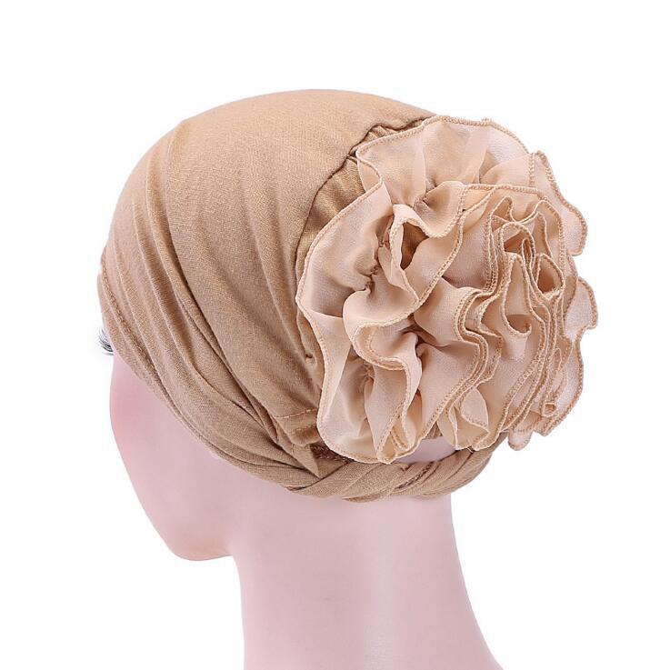 European & American Solid Color Chiffon Floral Muslim Headscarf Hat