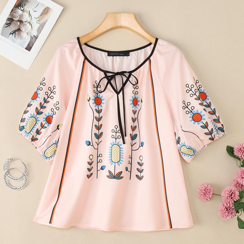 

ZANZEA Женская повседневная блузка с круглым вырезом, свободным рукавом 3/4 и принтом 4XL розовый