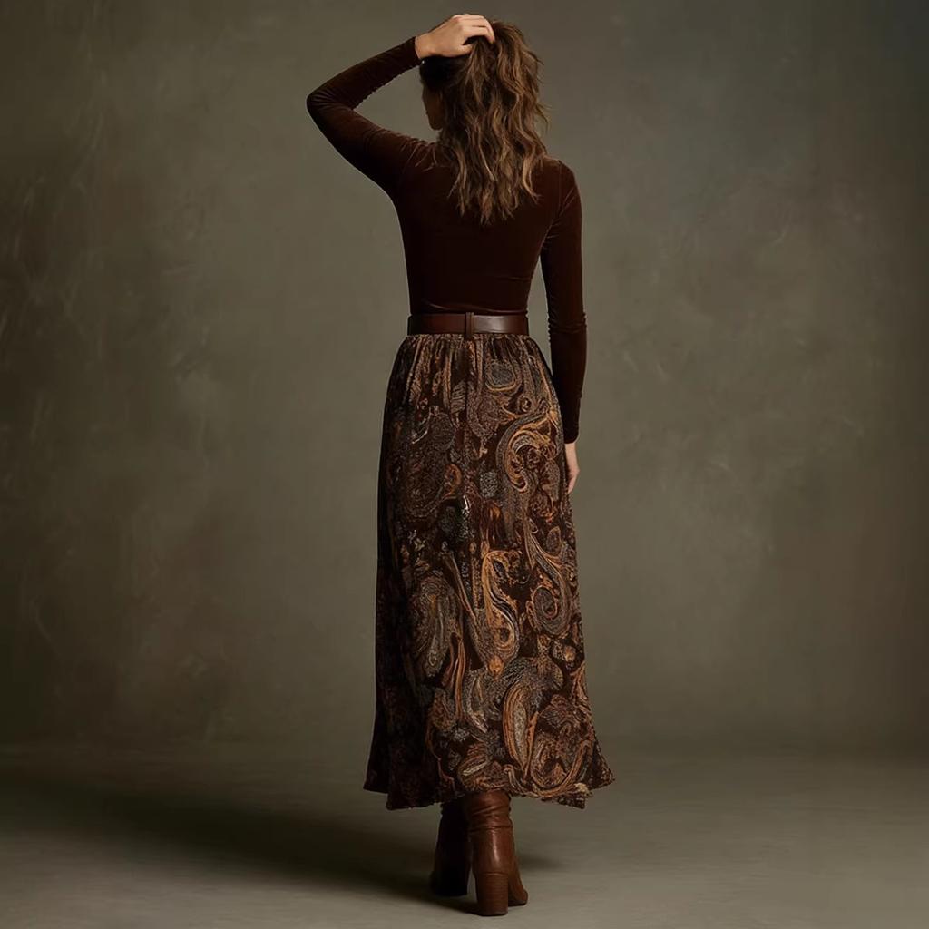 European and American spring and autumn new slim-fit top temperament big pendulum retro printed dress set with belt