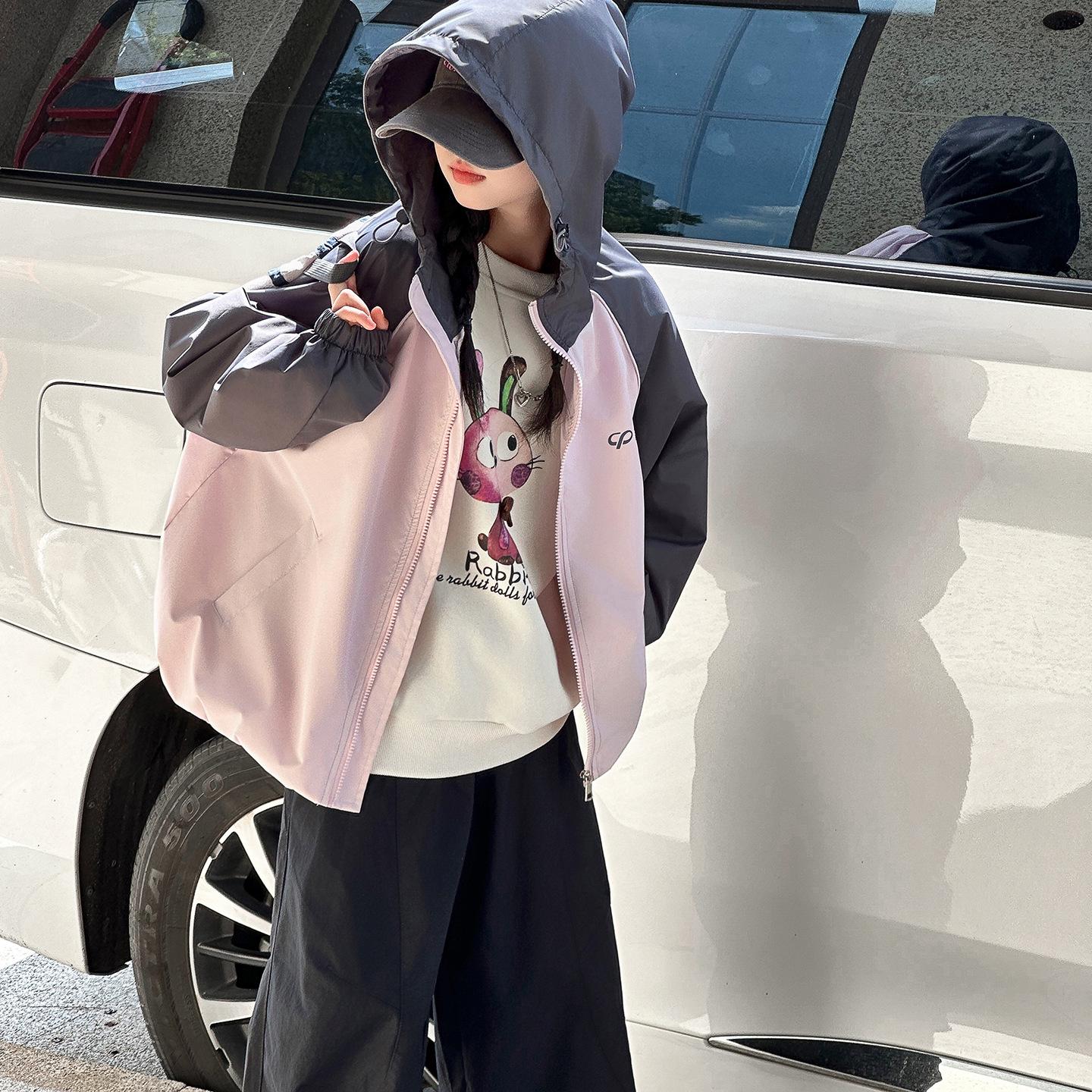 

Girls Color Block Hooded Windbreaker Jacket - 2025 Autumn Trend, Stylish Raglan Sleeve Fashion for Medium & Large Children 150 cm рожевий