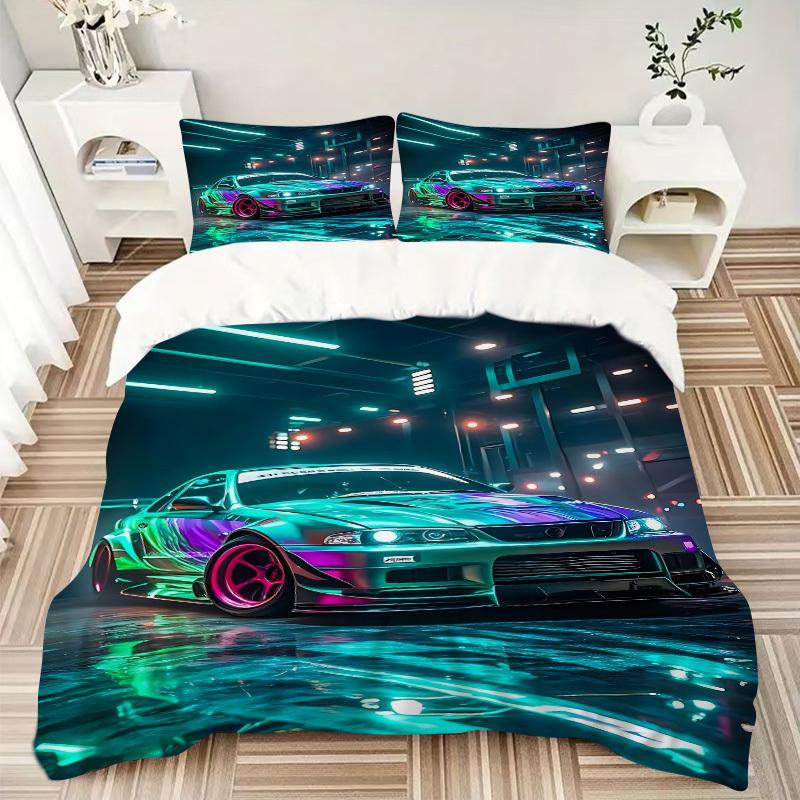 3pcs Neon Racing Bedding Set, Includes 1 Comforter + 2 Pillowcases, Without Pillow Inserts, Soft Comfortable, Lightweight Breathable, Printe