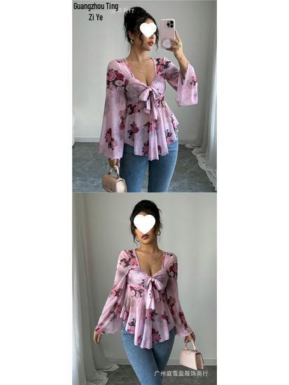 European Floral Gradient Tie-Up Square Neck Long Sleeve Shirt