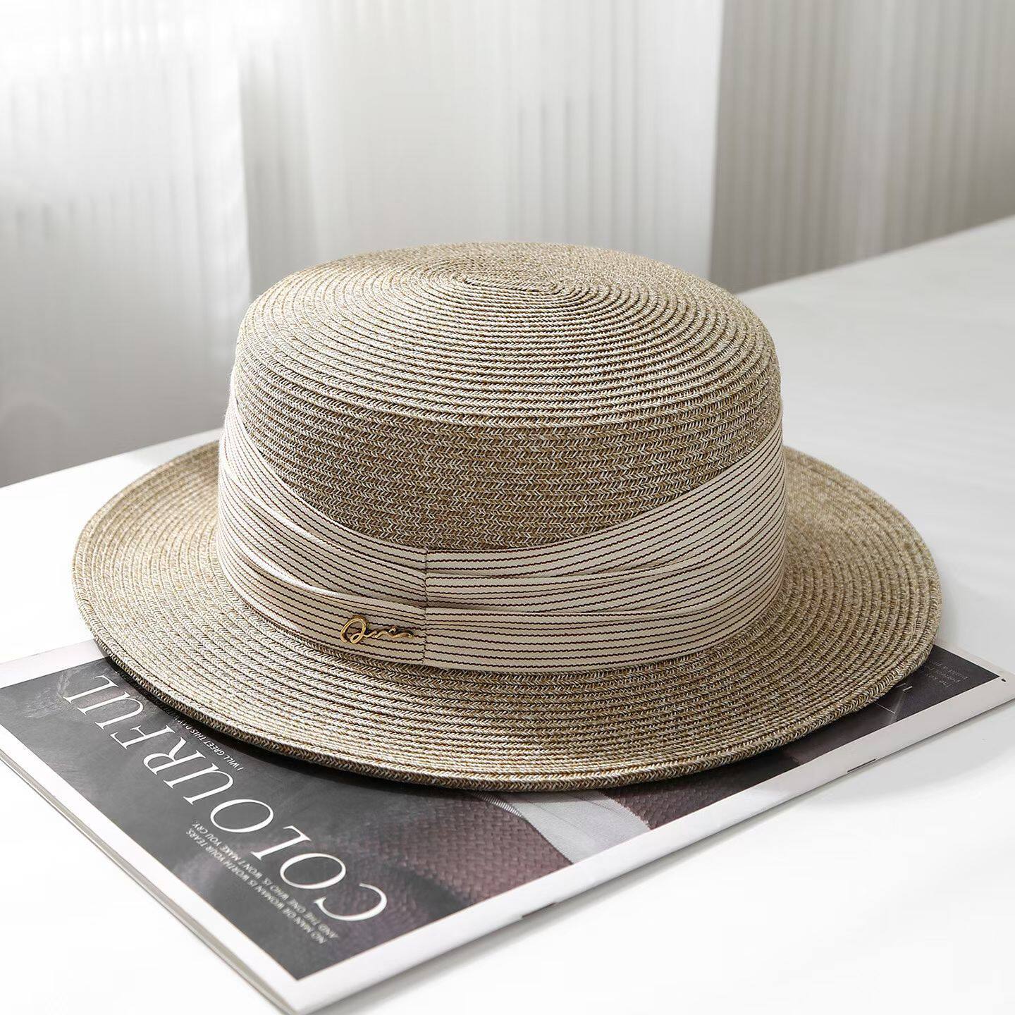 French top hat retro straw hat women summer travel seaside sun protection visor casual flat top straw beach hat M（55-58cm） бежевый