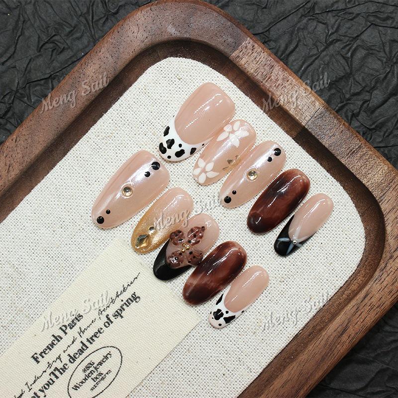 Retro French Y2K Leopard & Cow Print Wearable Manicure: Handmade Dark Brown False Nails S