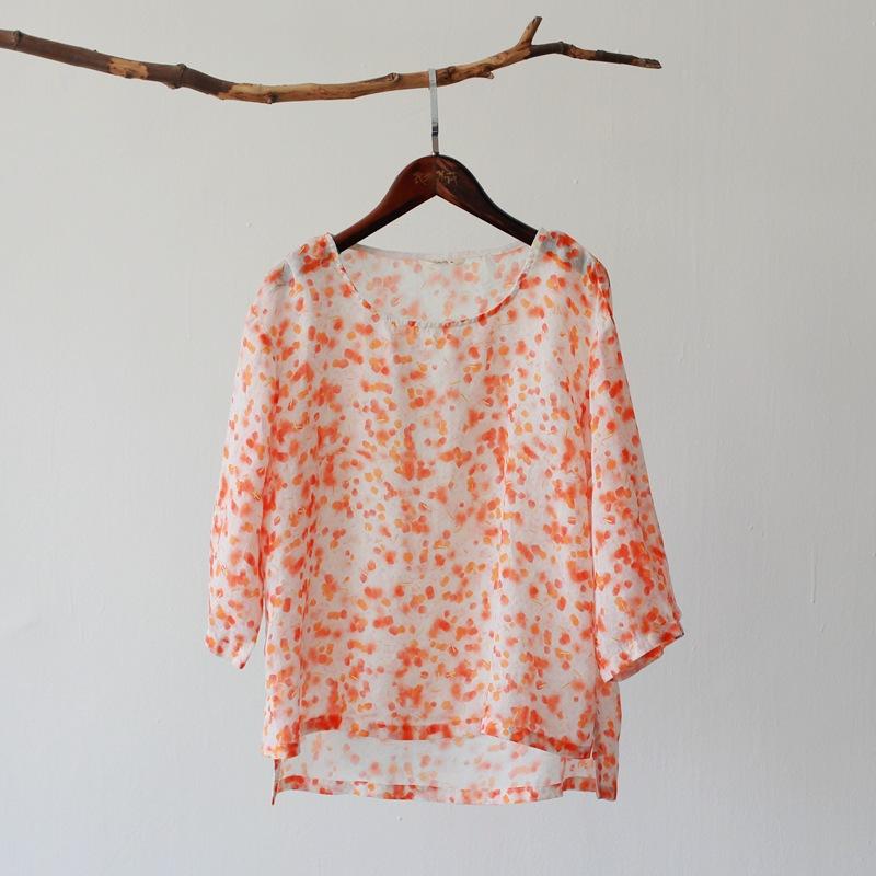 Johnature Dámská trička s květinovým potiskem Vintage O-výstřih Sedmirukávové Letní Vysoce kvalitní Volná Dámská Ležérní Měkká Trička