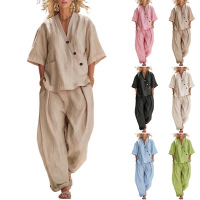 Women's Fashionable Casual Loose-Fit V-Neck Short-Sleeve Two-Piece Set