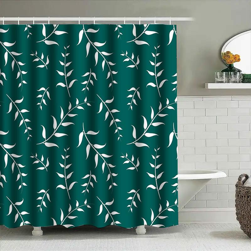 White Leaf Green Shower Curtain Bath Mat Waterproof Bathroom Decor