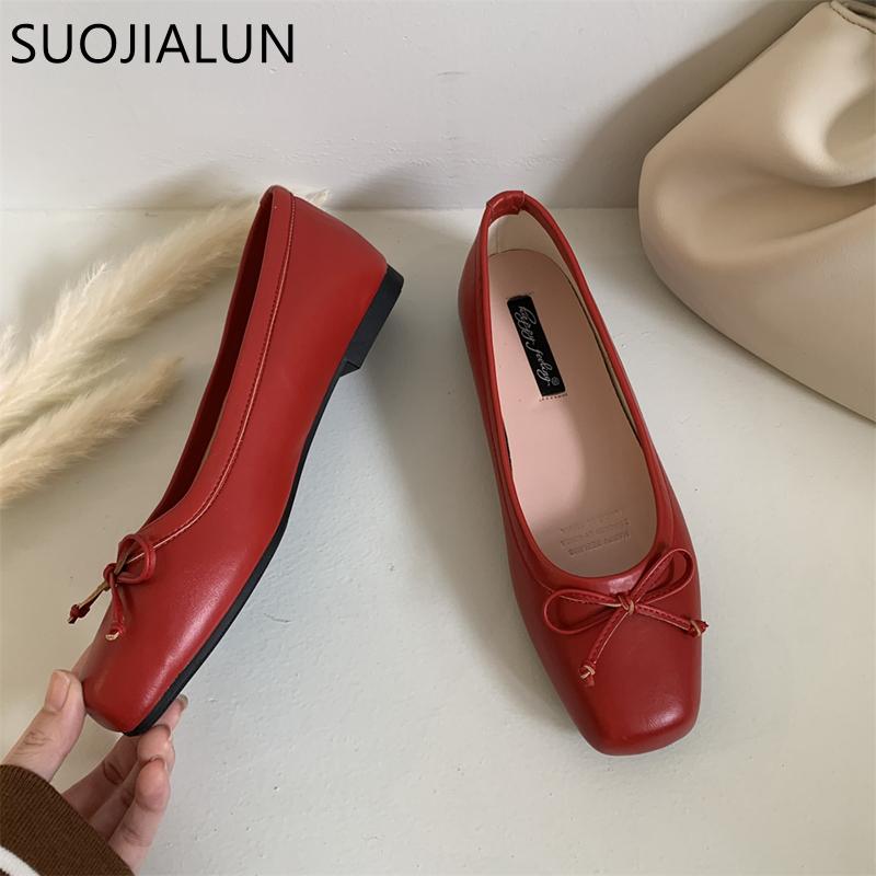 Fashion SUOJIALUN 2025 New Women Flat Shoes Fashion Square Toe Shallow Slip On Ladies Casual Ballet Shoes Soft Leather Outdoor Loafers S