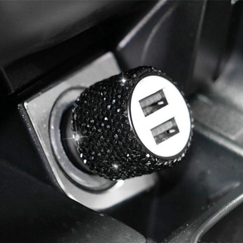 5V 2.1A Dual USB Fast Car Charger 2 USB Port Aluminum Alloy Charging Adapter - Crystal Rhinestone Car Charger