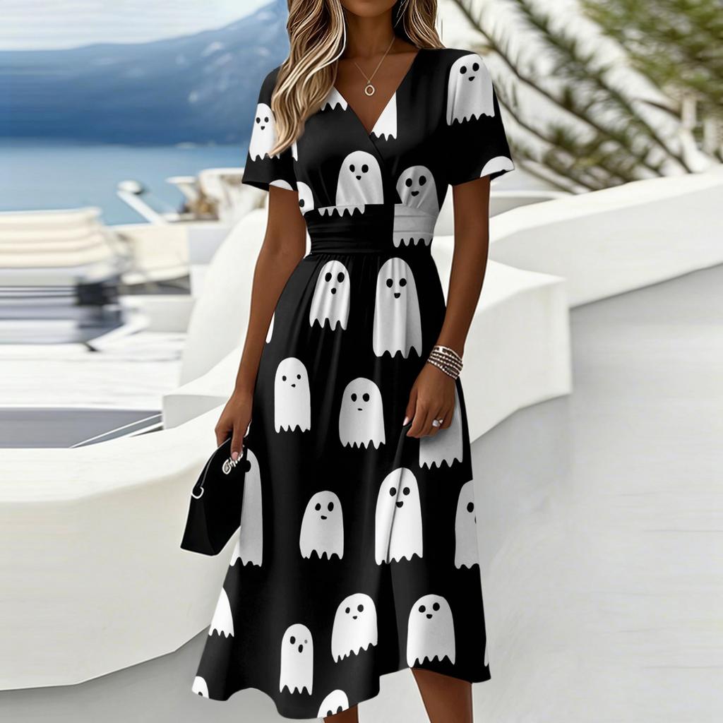Women's Halloween Print Short Sleeve V-Neck Casual Dress