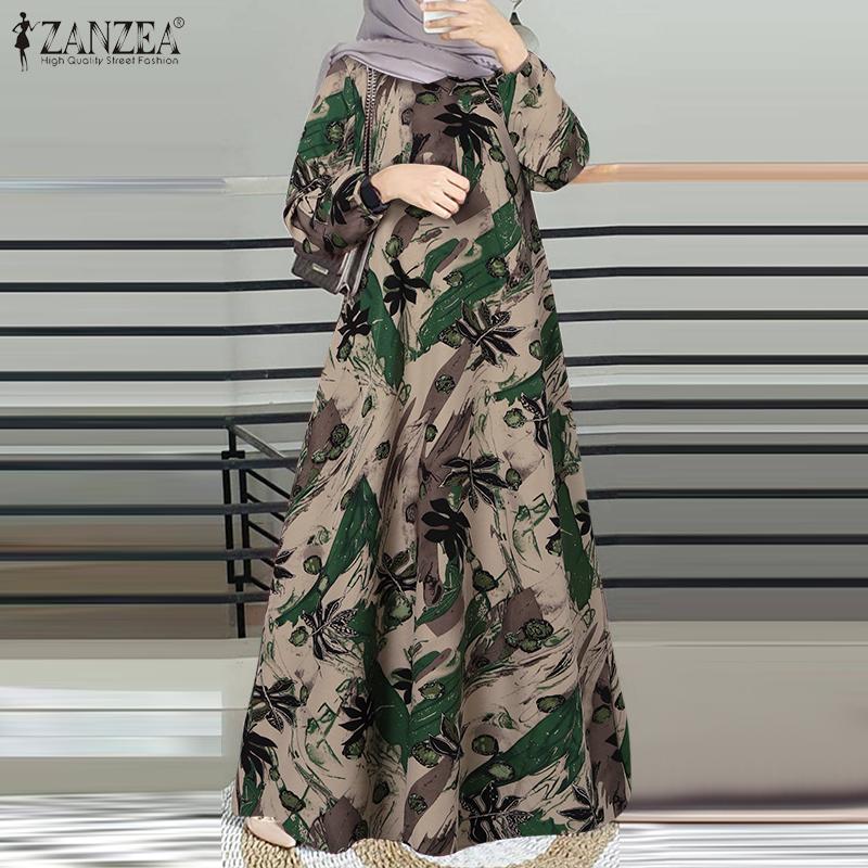 ZANZEA Women Casual O-neck Long Sleeve Print Long Dress