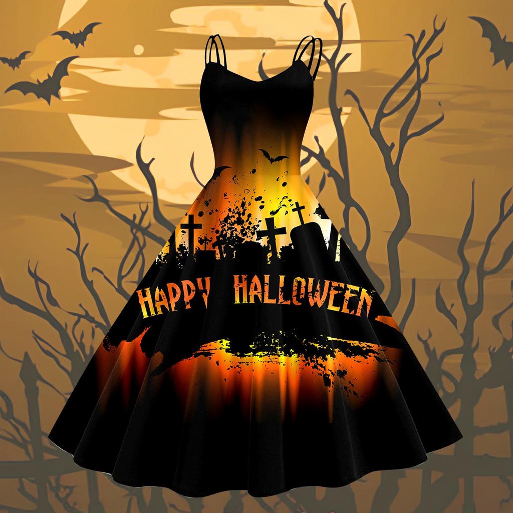 Naiste mood Halloweeni trükitud seksikas olkaimeta gooti kokteilikleit punki, vintage kleit.