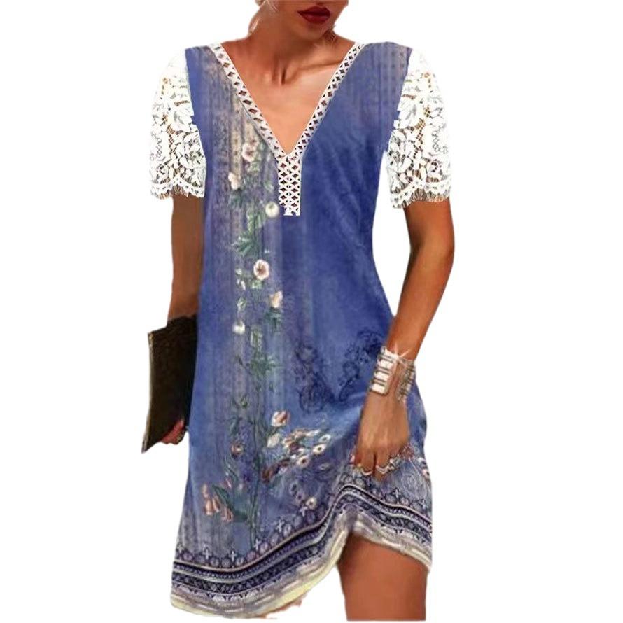 Dámská móda léto jaro ležérní šaty s krátkým rukávem a výstřihem do V