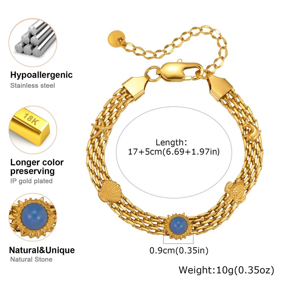 Oceaanstijl Roestvrij Staal Mesh Ketting Horlogeband Armbanden voor Dames, Uniek Zeester Schildpad Zon Natuursteen Bedel Armband