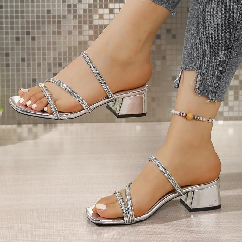 Fashion Silver Crystal Straps High Heels Slippers Women Summer Square Toe Thick Heeled Sandals Woman Plus Size Fashion Party Dress Shoes