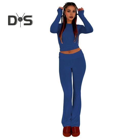 

2 шт./комплект женский топ брюки костюм круглый вырез длинный рукав однотонный цвет узкая блузка эластичный пояс расклешенные брюки повседневная одежда спортивный наряд осень S синий