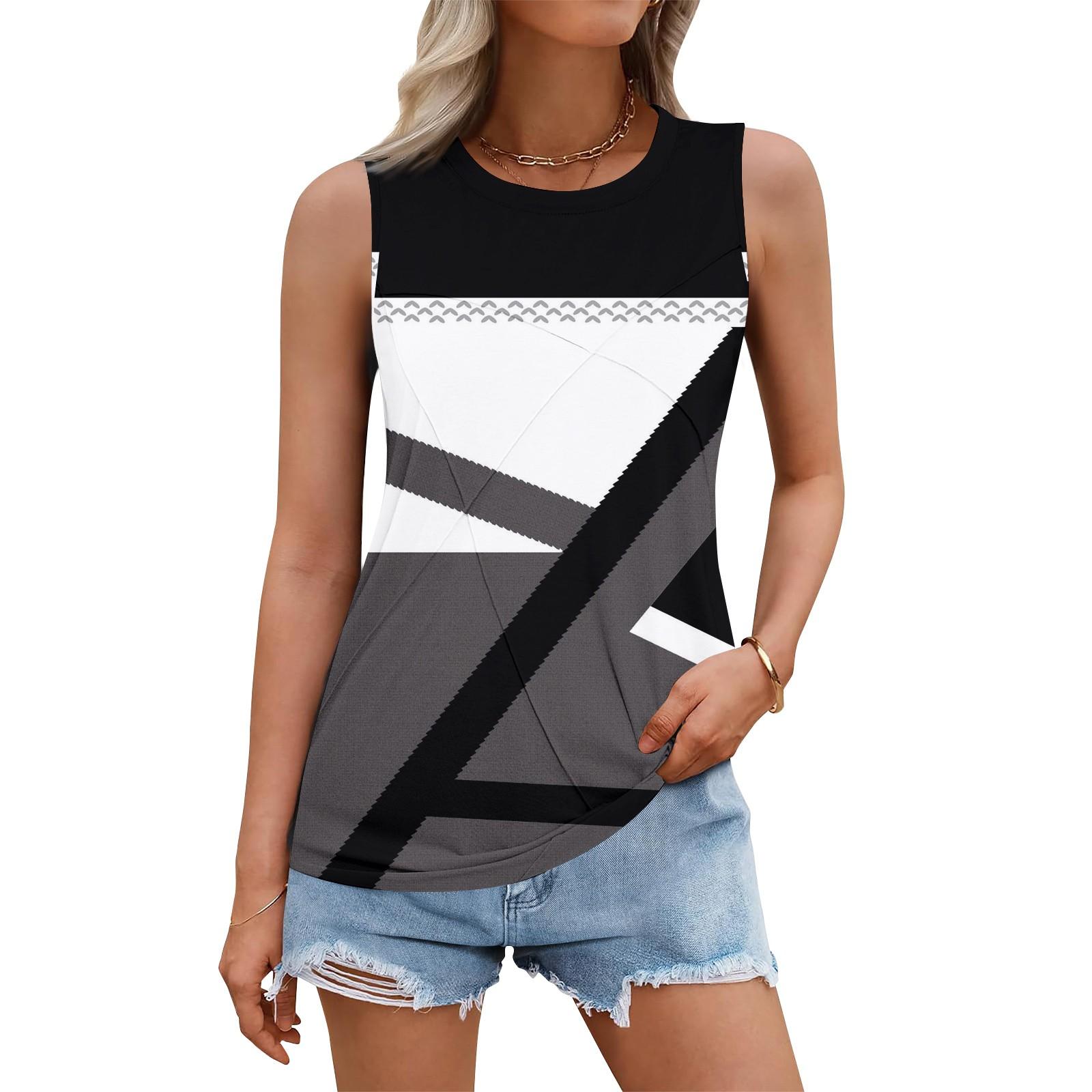 

Женский летний жилет, свободная плиссированная рубашка с круглым вырезом, повседневный топ без рукавов L чёрный