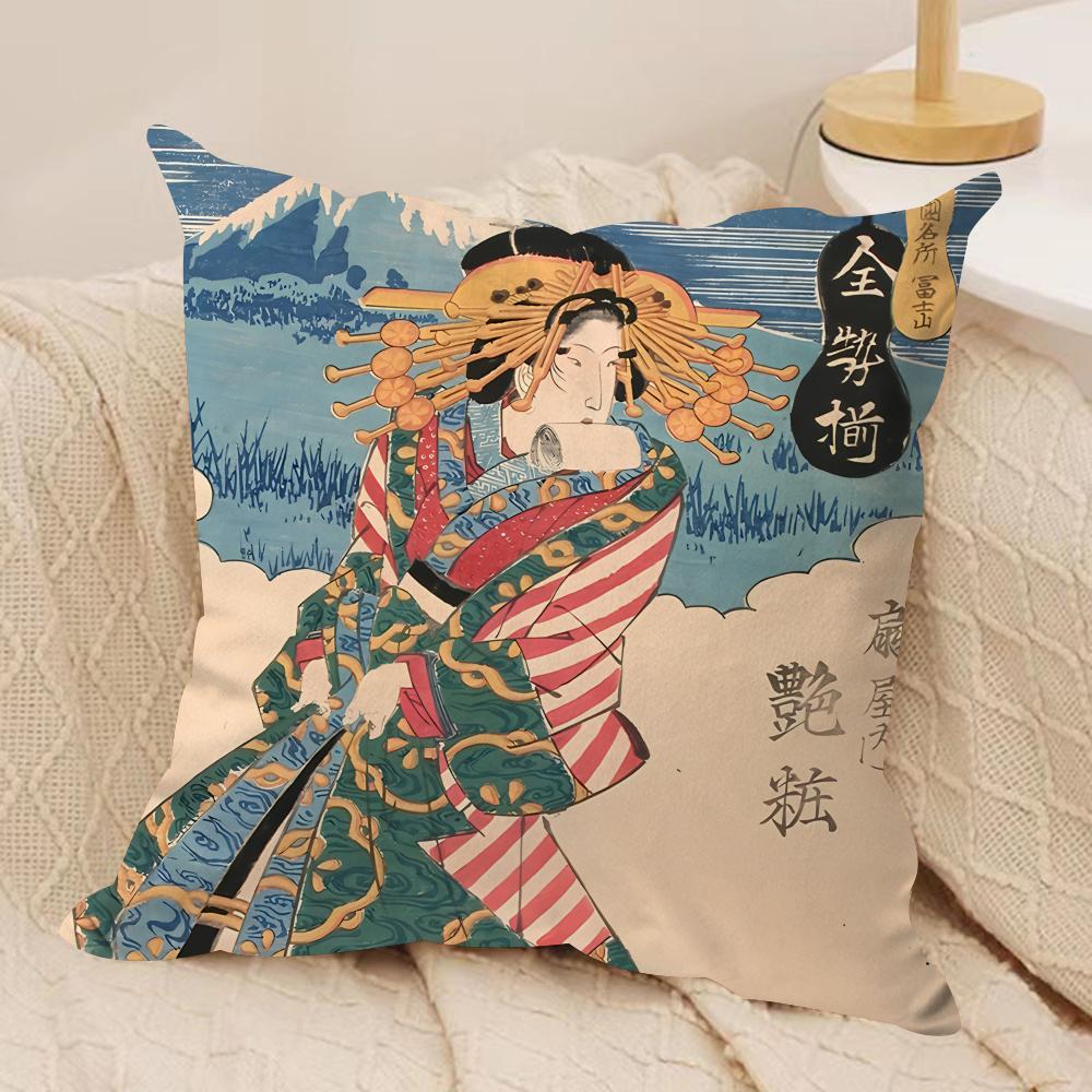 Retro Japanese Geisha Cushion Cover Silky Short Plush Invisible Zipper Dustproof Sofa Pillow Case For Home Decor
