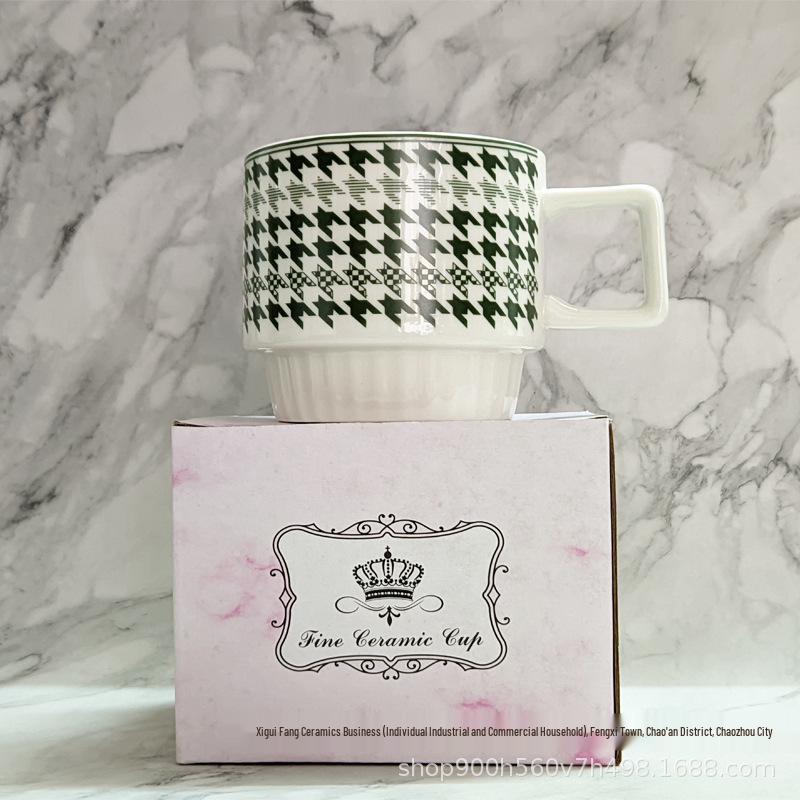 Houndstooth Stackable Couples Mugs - White Porcelain Coffee Cups, Best Friend Souvenir Birthday Gift 320ml