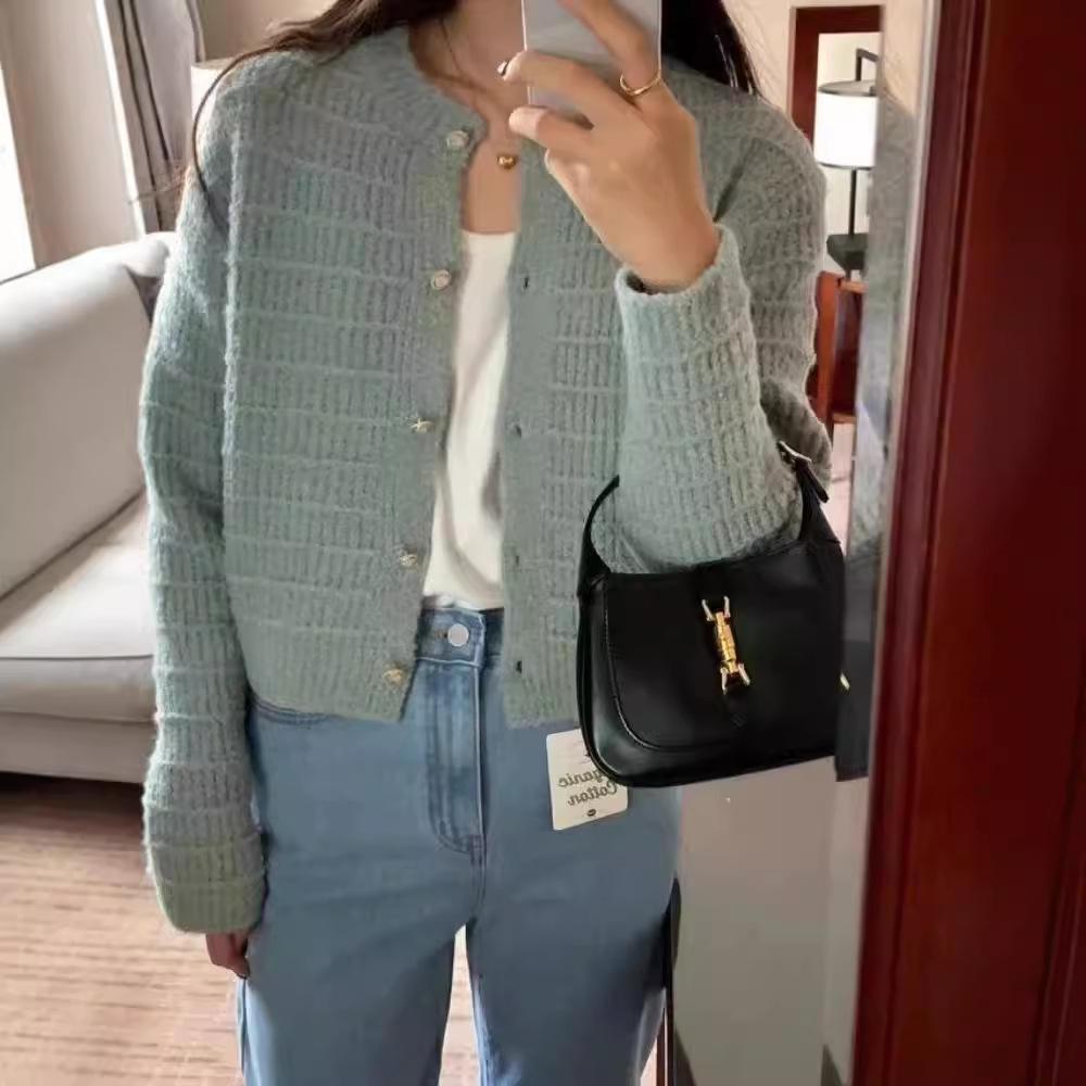 New autumn retro small fragrant wind round neck textured woven cardigan loose long-sleeved sweater women's knitted outer fit