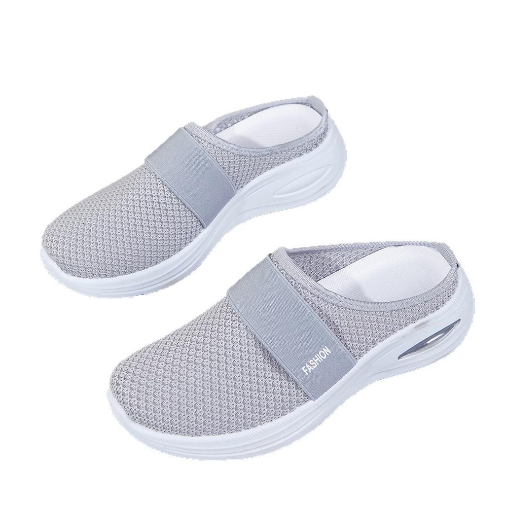 Women's Mesh Flying Woven Half Slip On Shoes, Breathable Flat Heel Mule Sneakers, Comfortable Casual One Step Ladies Daily Footwear