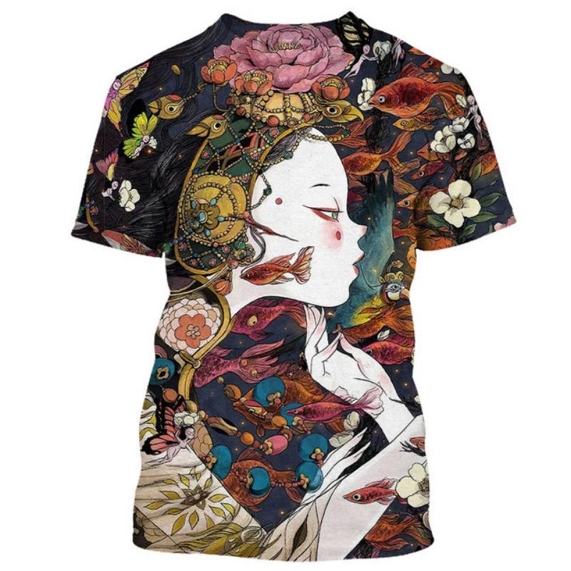 Japanese Geisha Samurai Men's T Shirt Casual Round Neck Short Sleeve Tees Fashion Trend Harajuku Pullover Oversized Hip Hop Tops